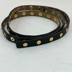 Adjustable Black Leather Belt Gold Metal Snaps Studs Skinny 1/4"